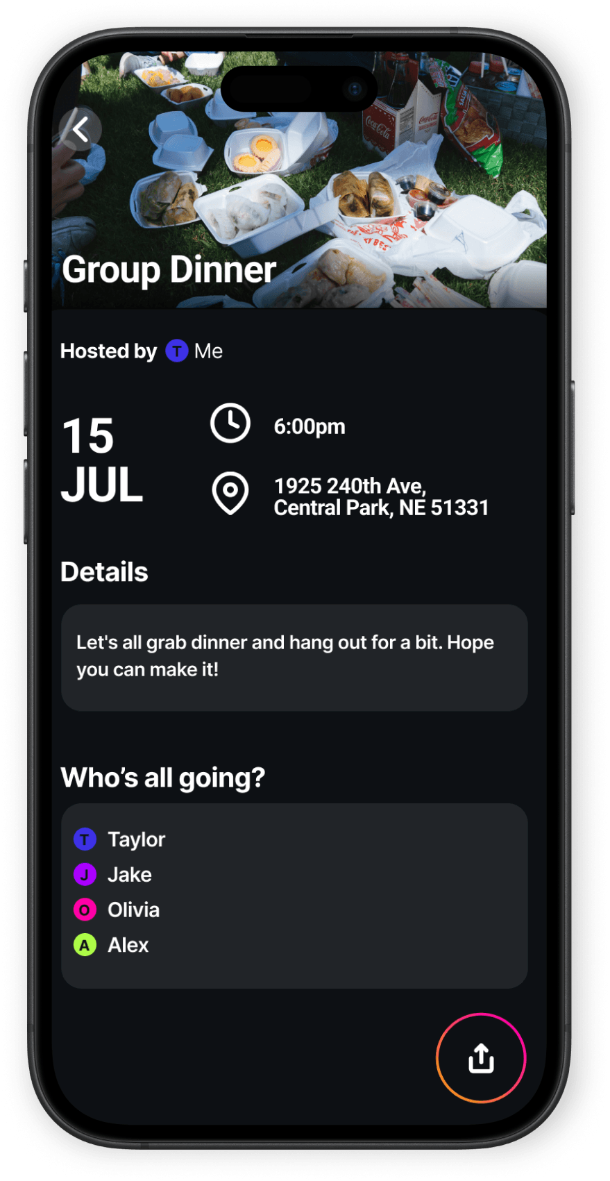 The Planify app showing a Group Dinner event with the date, location, details and guest list